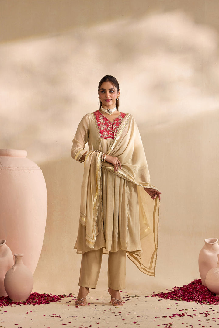 Pink Chanderi Zari Embroidered Three Piece Set