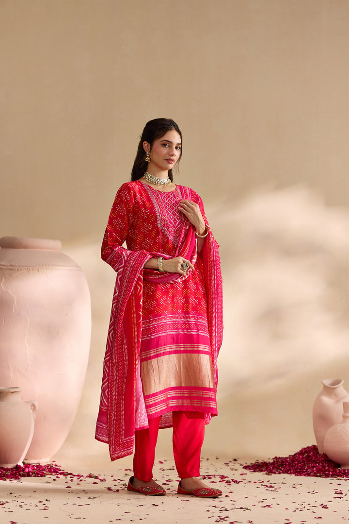 Red Silk Bandhani Dot Printed Three Piece Set
