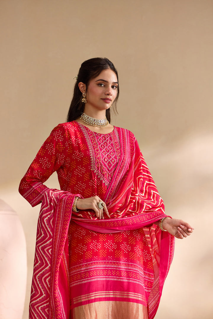 Red Silk Bandhani Dot Printed Three Piece Set