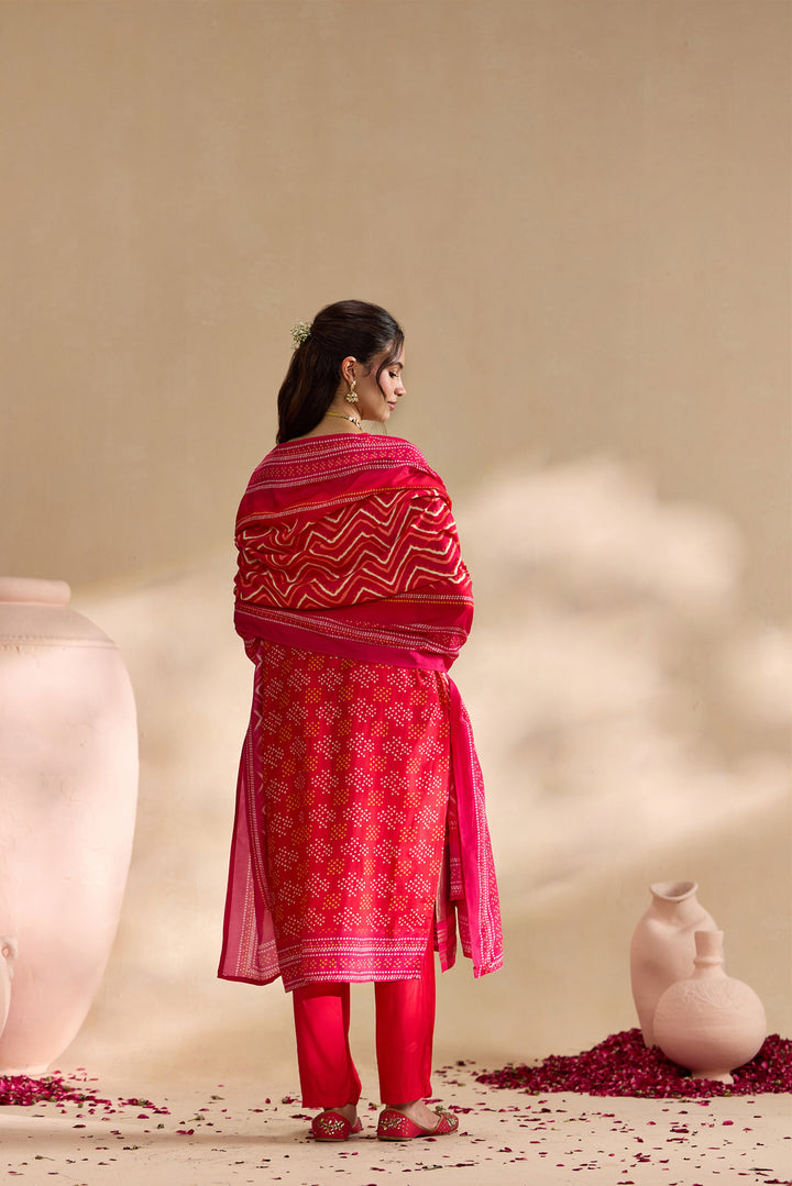 Red Silk Bandhani Dot Printed Three Piece Set