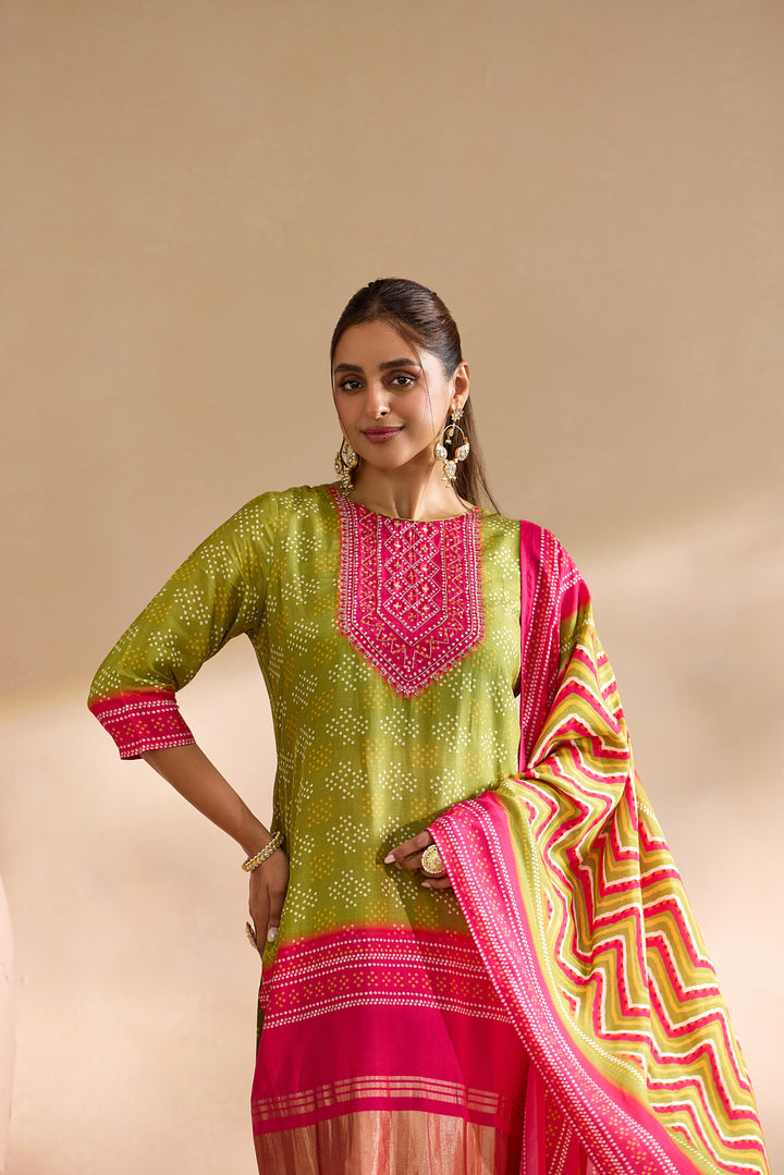 Mehadi Green Silk Bandhani Dot Printed Three Piece Set