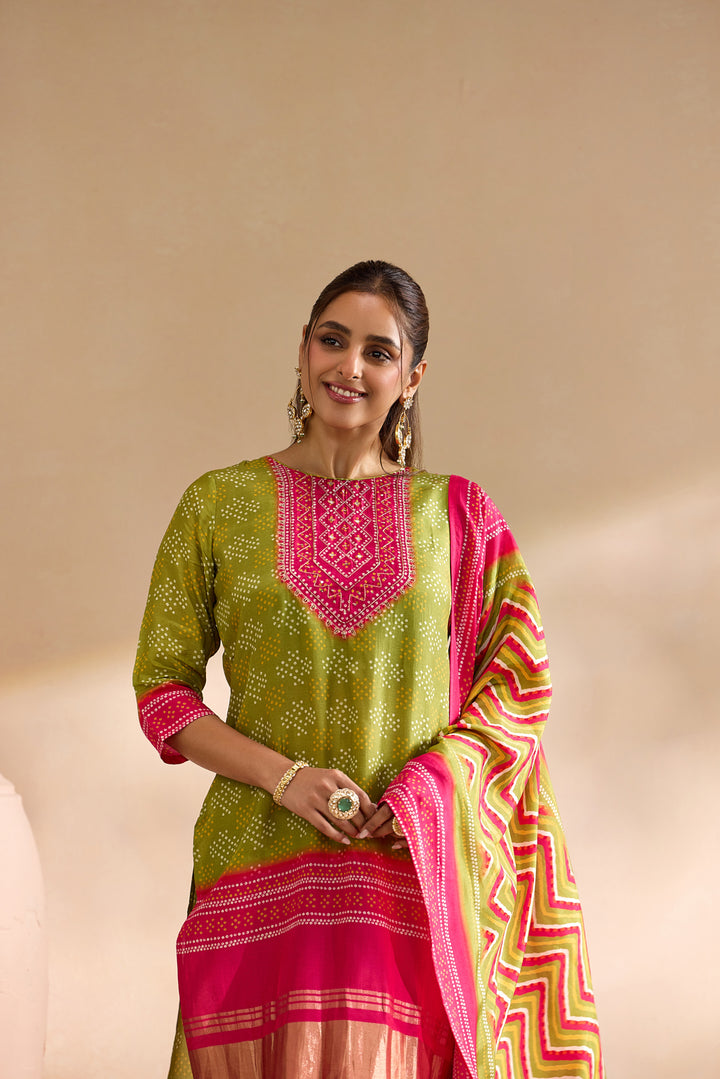 Mehadi Green Silk Bandhani Dot Printed Three Piece Set