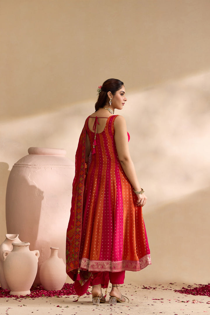 Rani Pink Silk Stripes With Foil Butti Printed Three Piece Set
