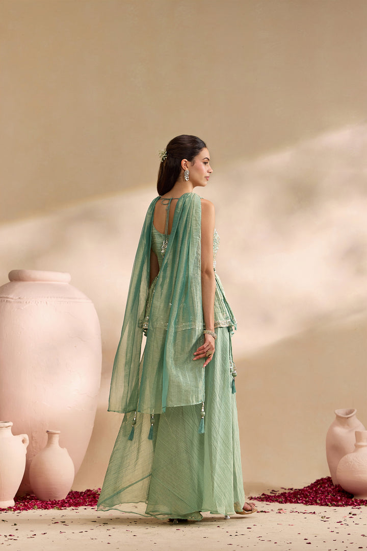 Sea Green Tissue Heavy Embroidered Three Piece Set
