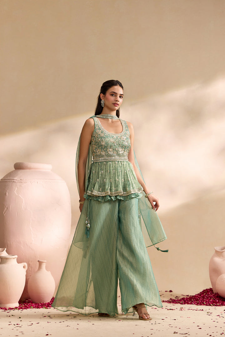 Sea Green Tissue Heavy Embroidered Three Piece Set