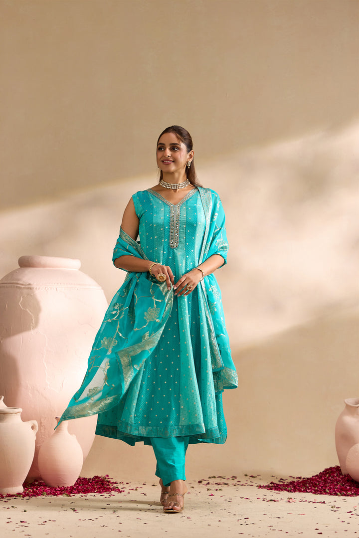 Sea Green Tissue Small Buti Weaved Three Piece Set