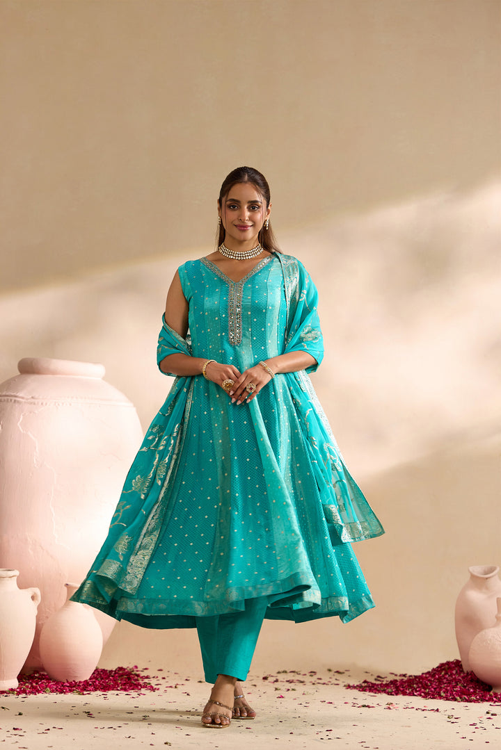 Sea Green Tissue Small Buti Weaved Three Piece Set