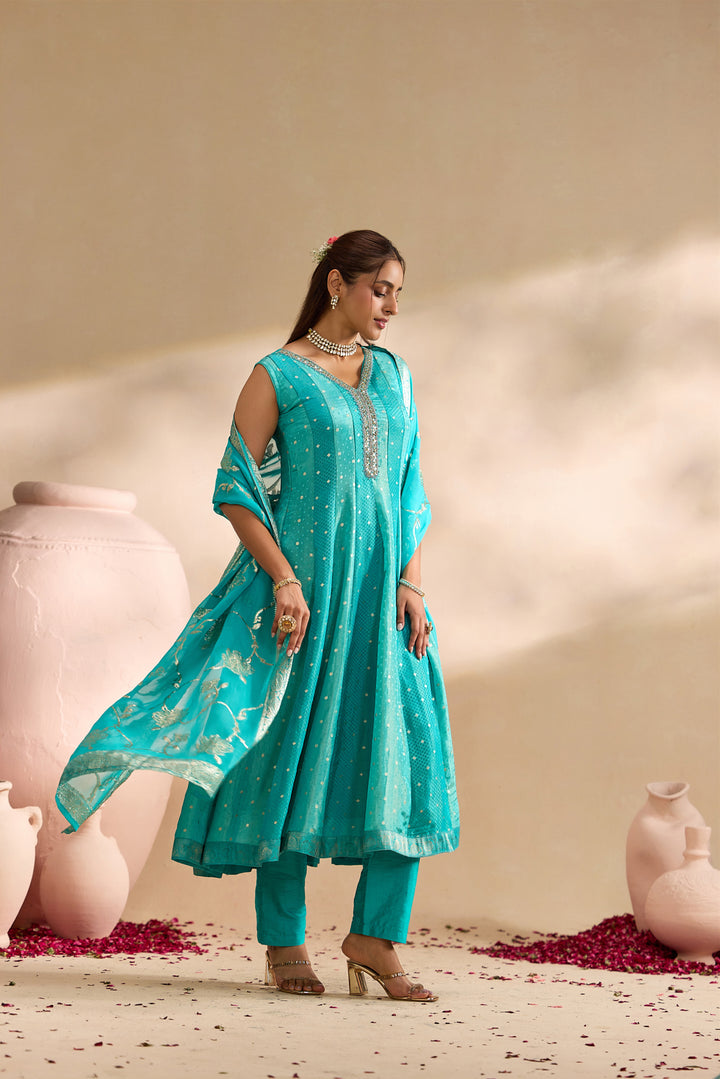 Sea Green Tissue Small Buti Weaved Three Piece Set
