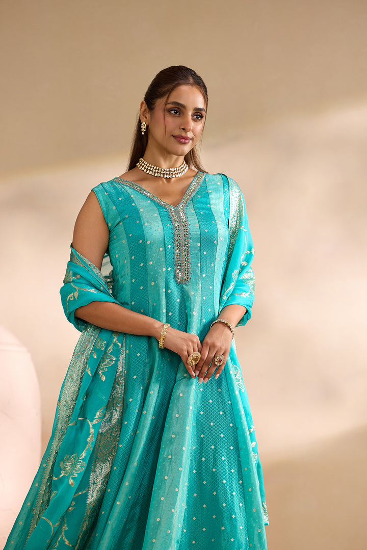 Sea Green Tissue Small Buti Weaved Three Piece Set