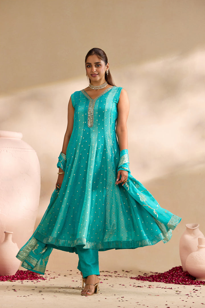 Sea Green Tissue Small Buti Weaved Three Piece Set