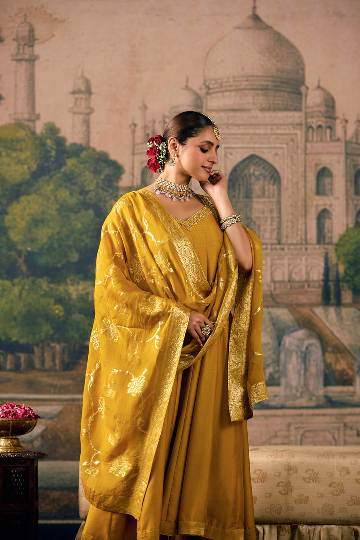 Mustard Silk Thread And Stone Embroidered Three Piece Set