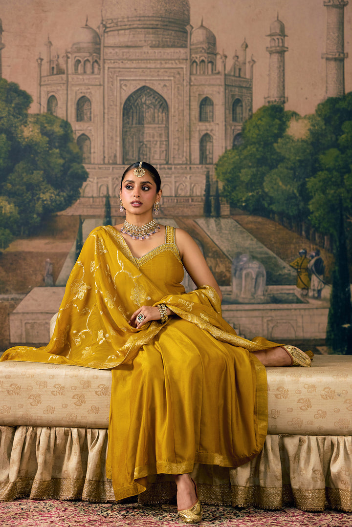 Mustard Silk Thread And Stone Embroidered Three Piece Set