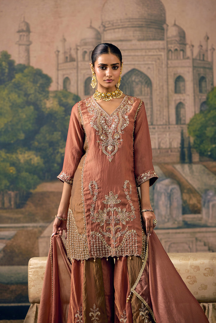 Rust Tissue Zari And Thread Embroidered Three Piece Set