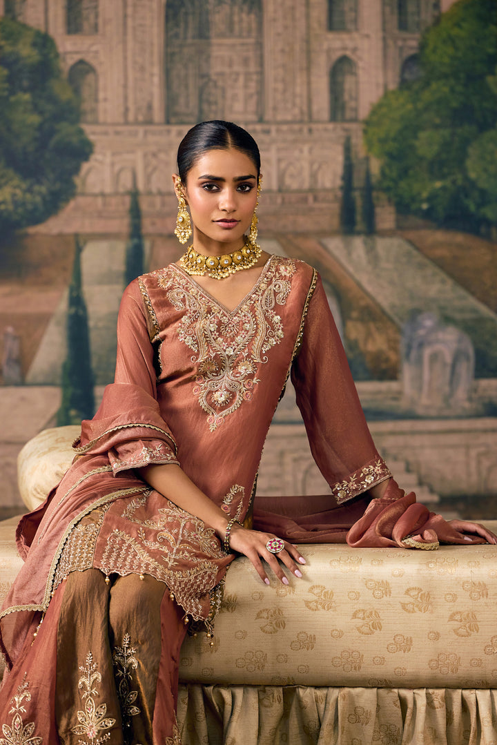 Rust Tissue Zari And Thread Embroidered Three Piece Set