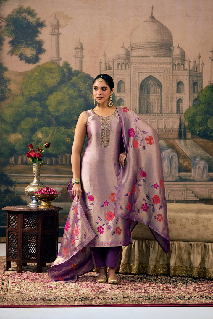 Lavender Tissue Floral Embroidered Three Piece Set