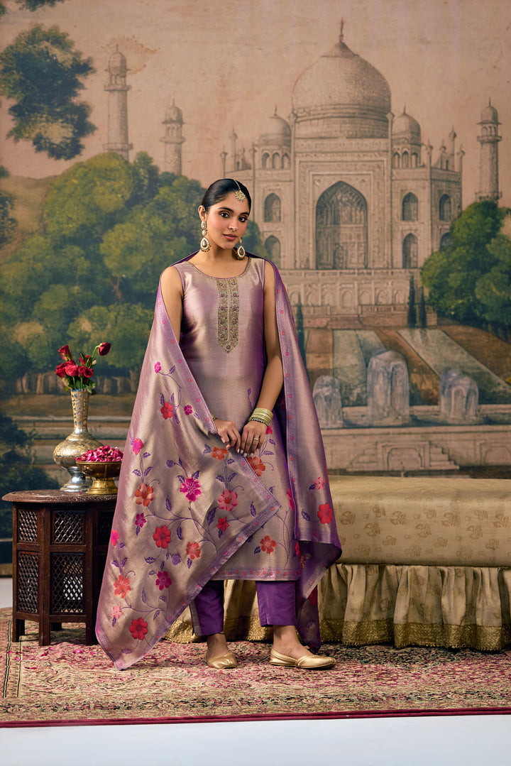 Lavender Tissue Floral Embroidered Three Piece Set