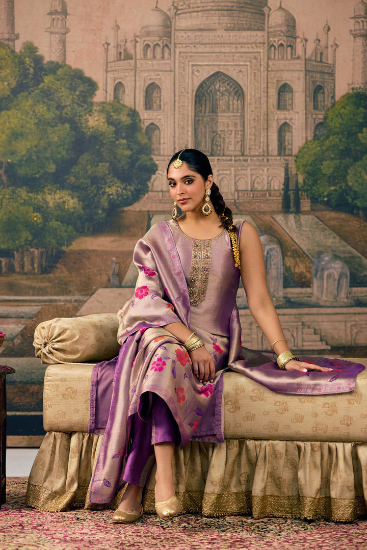 Lavender Tissue Floral Embroidered Three Piece Set