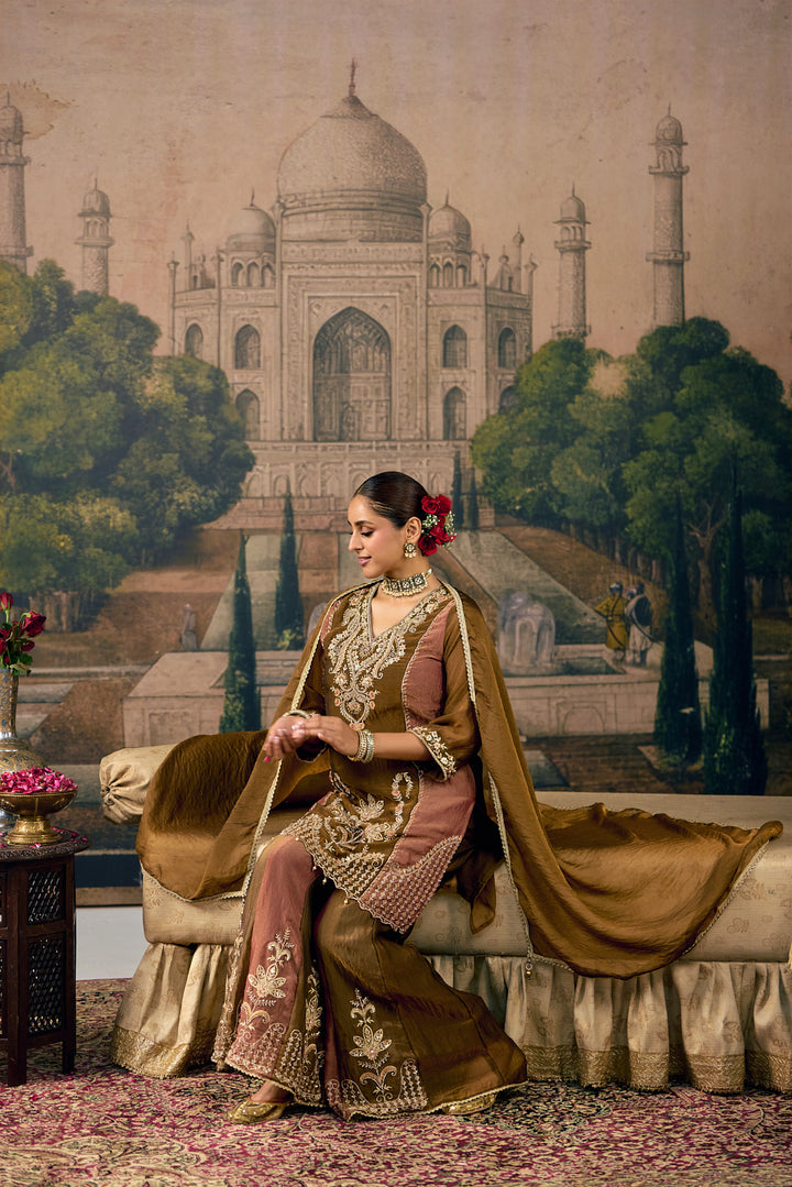 Brown Tissue Zari And Thread Embroidered Three Piece Set