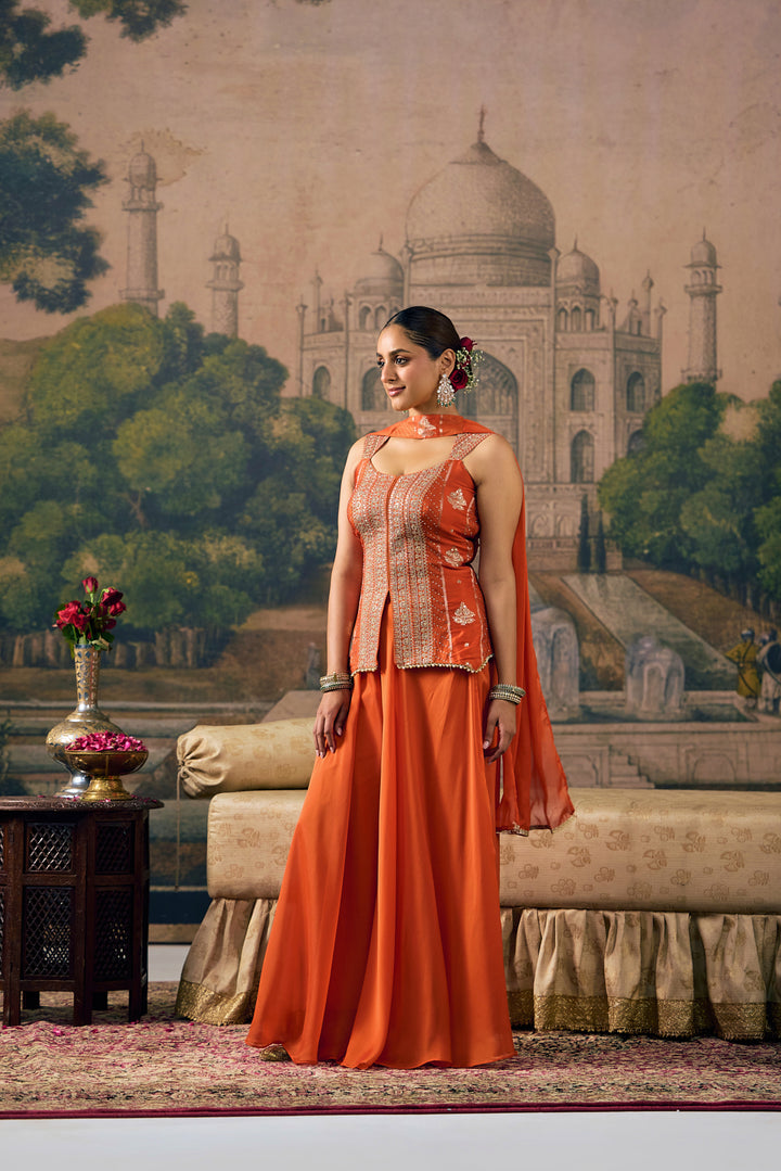 Orange Crepe Zari Embroidered Three Piece Set