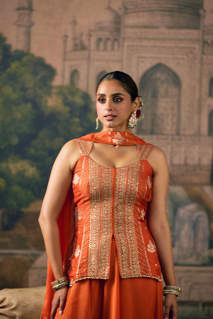 Orange Crepe Zari Embroidered Three Piece Set