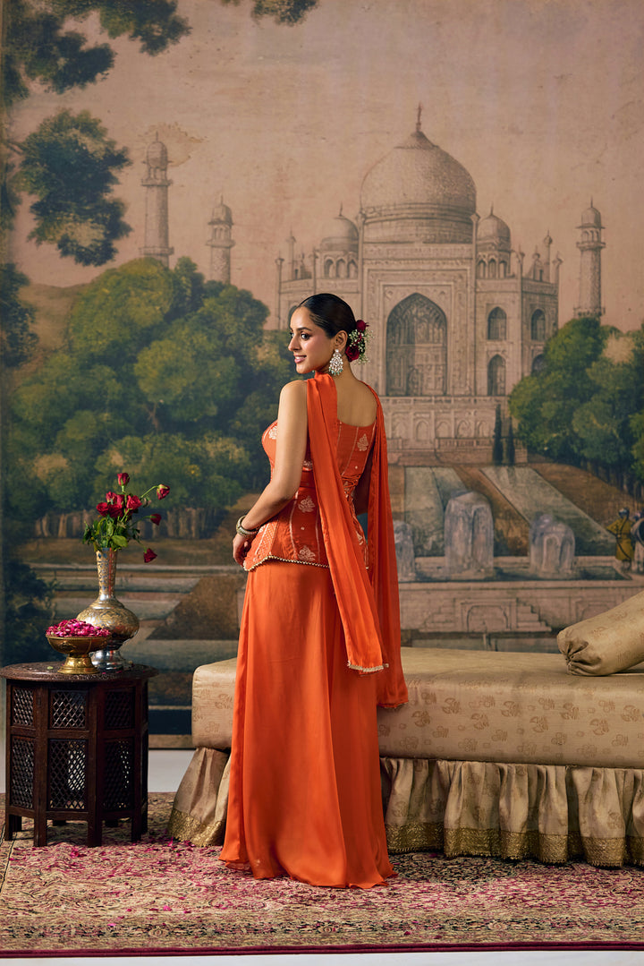 Orange Crepe Zari Embroidered Three Piece Set