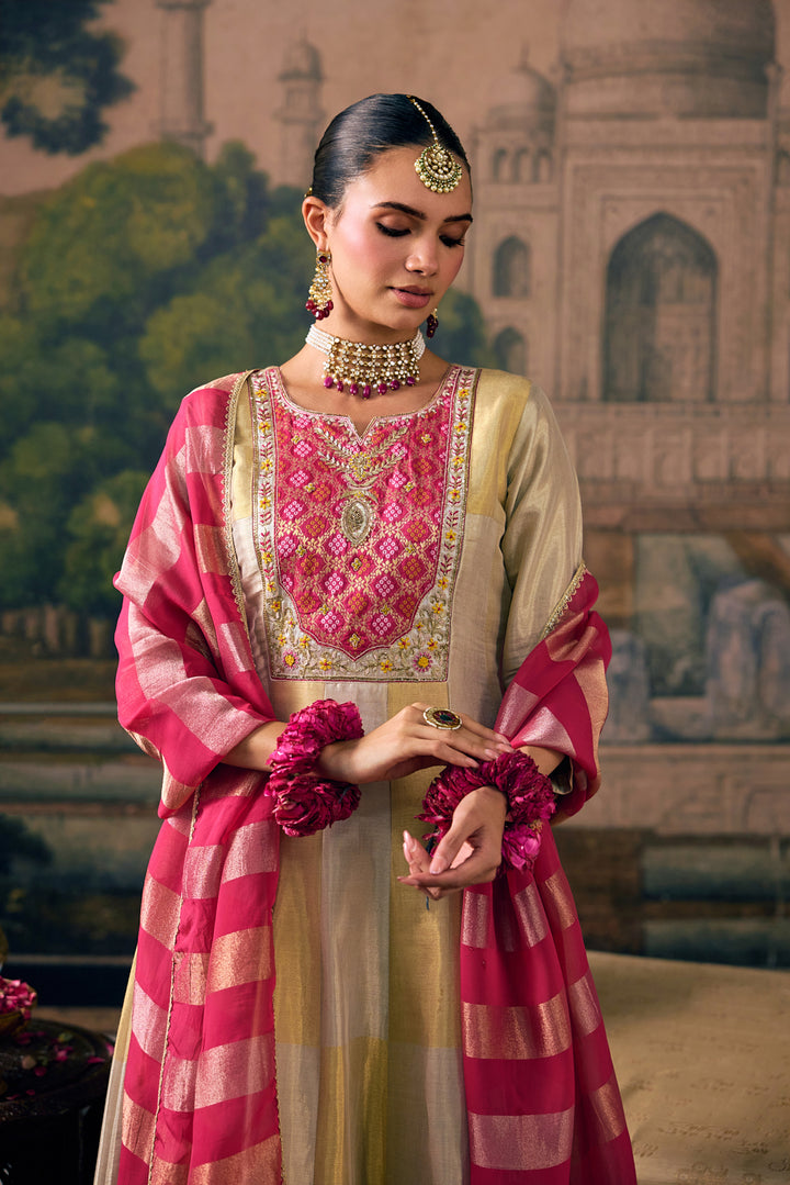 Rani Pink Tissue Solid With Patola Printed Three Piece Set