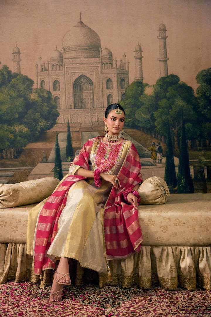 Rani Pink Tissue Solid With Patola Printed Three Piece Set