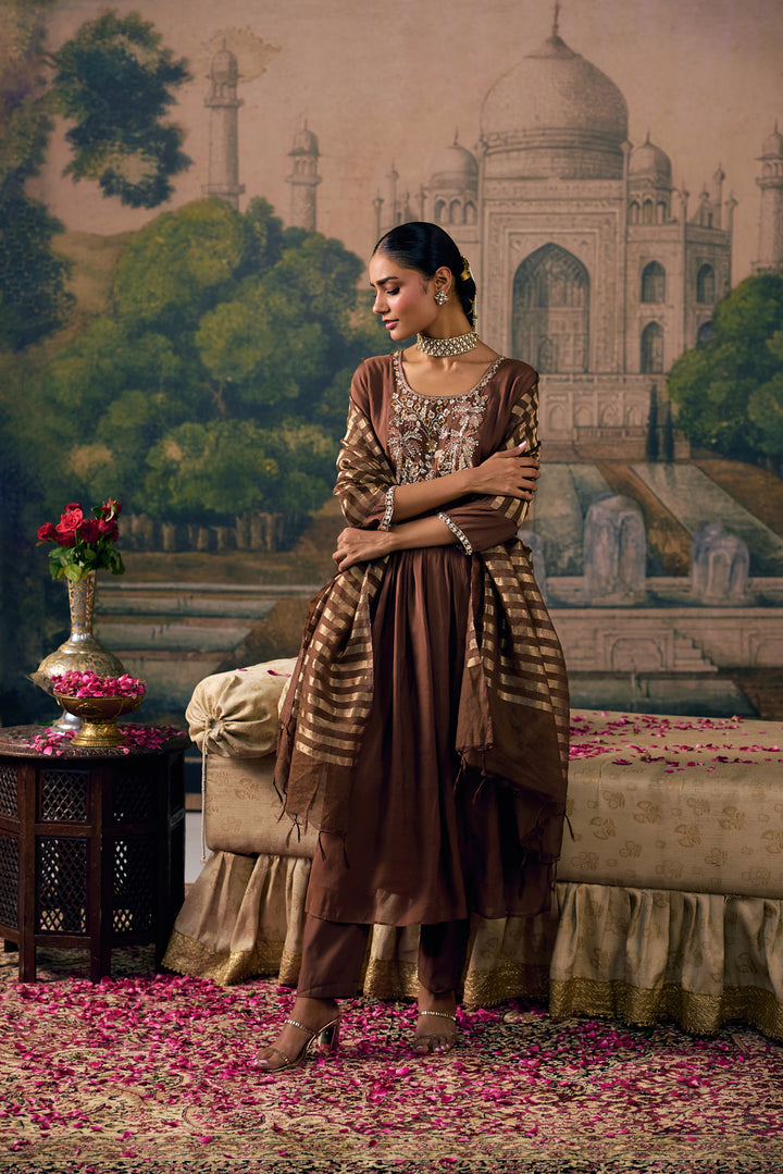 Brown Muslin Palm Tree Embroidered Three Piece Set