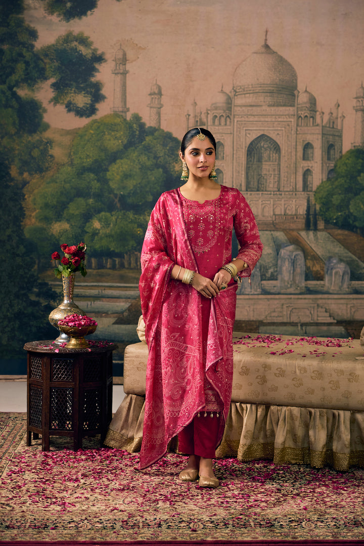 Rani Pink Crepe Vintage Paisley Printed Three Piece Set