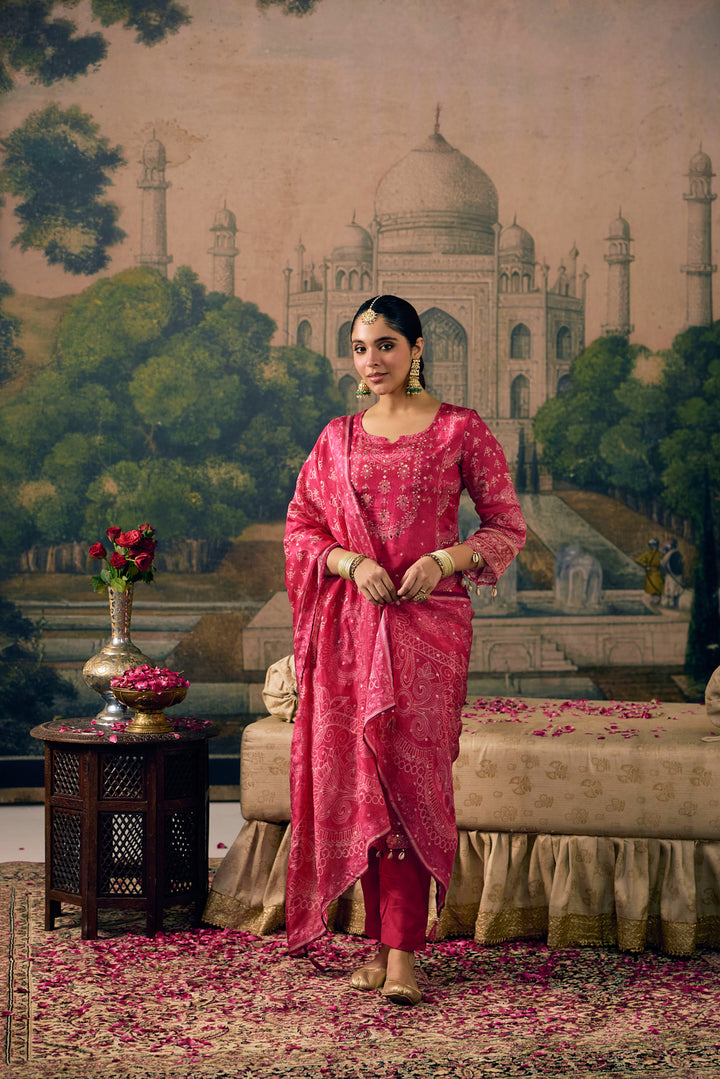 Rani Pink Crepe Vintage Paisley Printed Three Piece Set