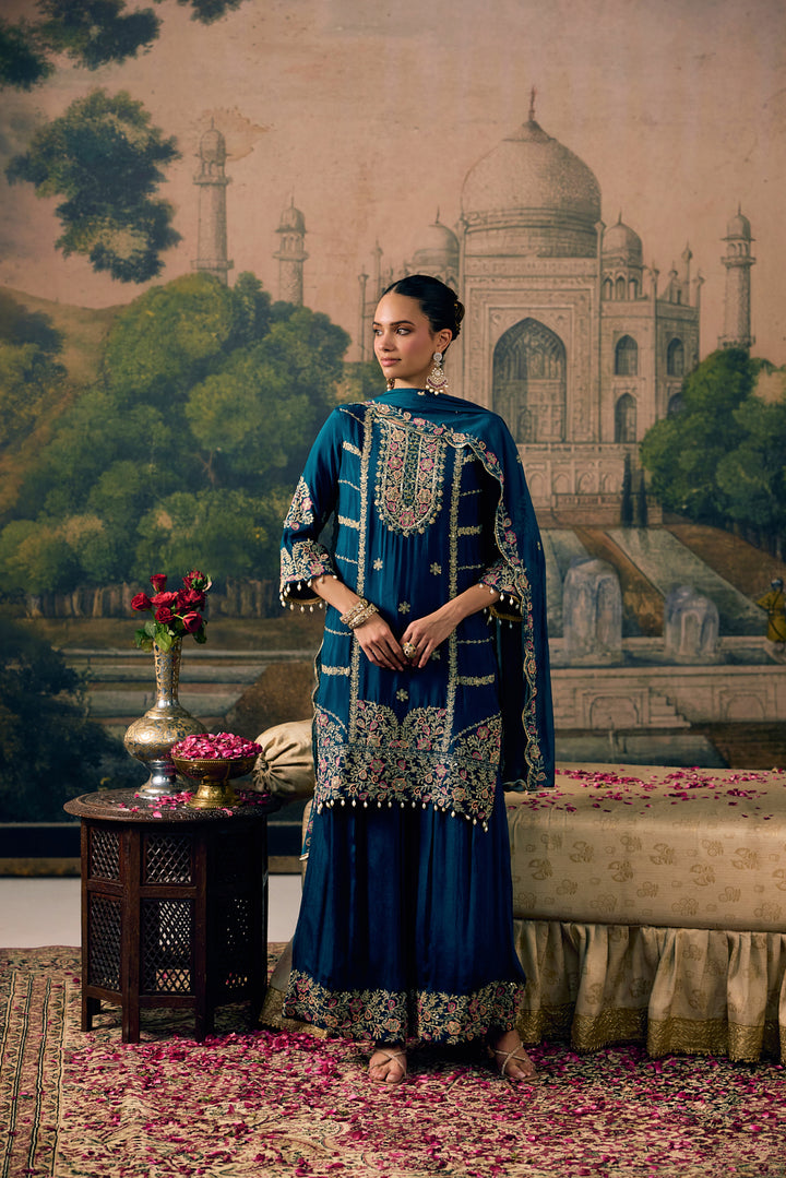 Teal Blue Chinon Zari Embroidered Three Piece Set