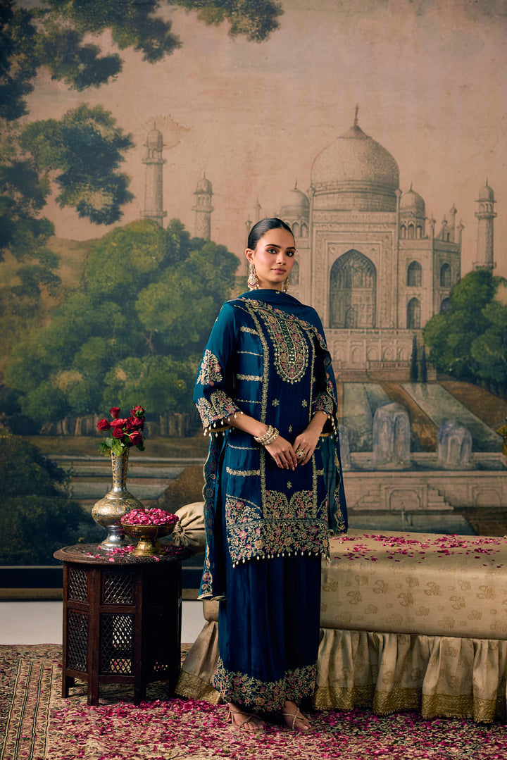Teal Blue Chinon Zari Embroidered Three Piece Set