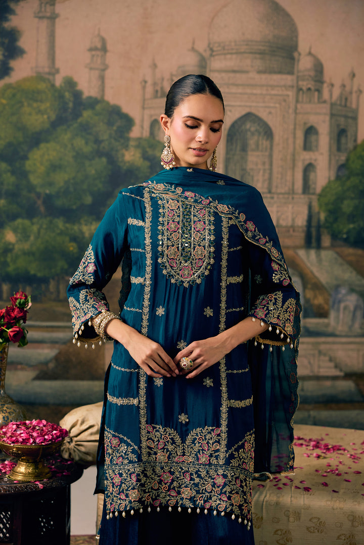 Teal Blue Chinon Zari Embroidered Three Piece Set