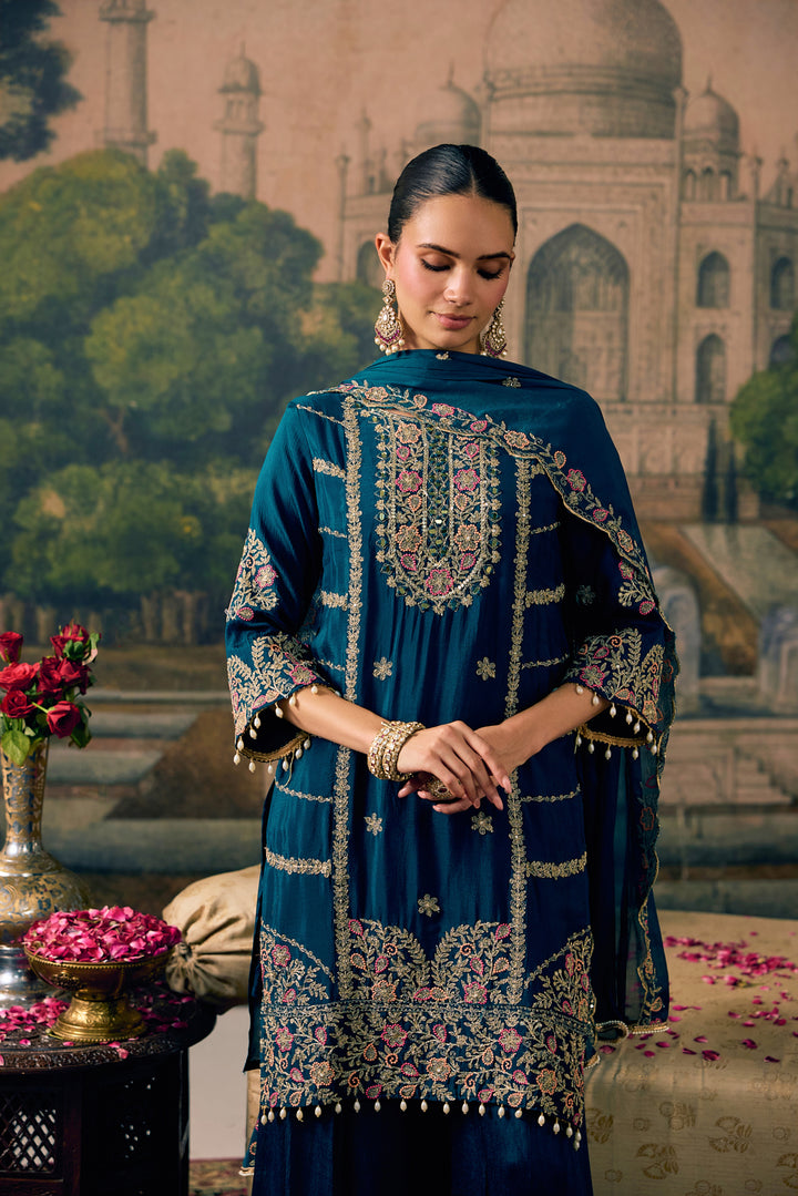 Teal Blue Chinon Zari Embroidered Three Piece Set