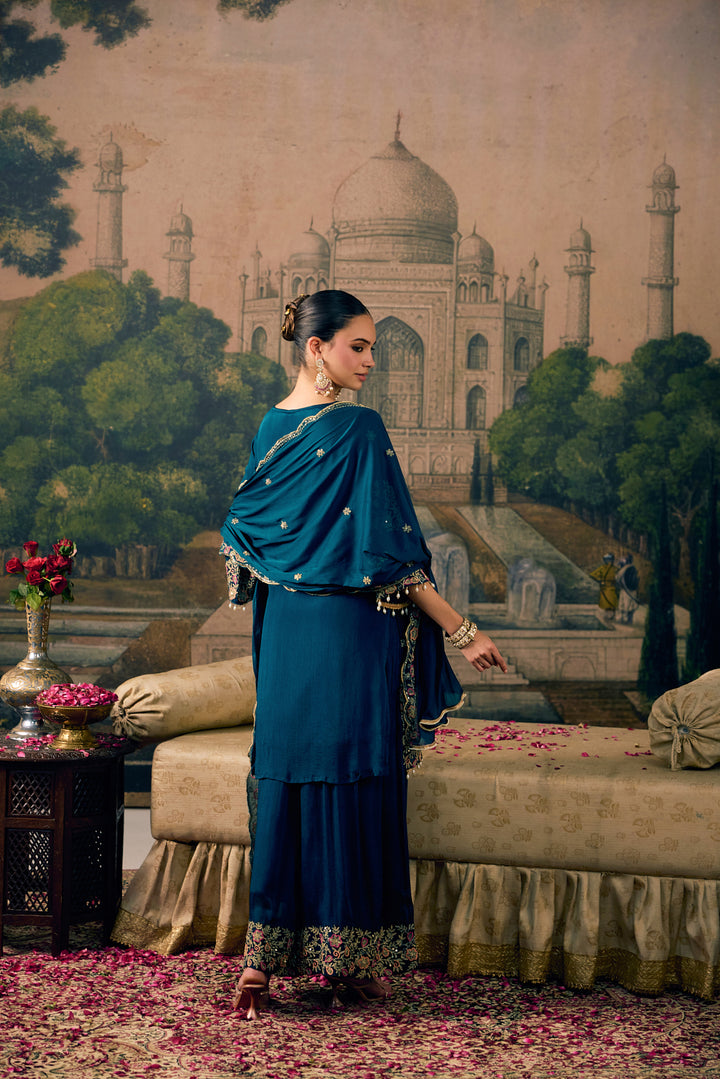 Teal Blue Chinon Zari Embroidered Three Piece Set