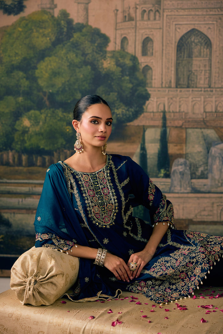 Teal Blue Chinon Zari Embroidered Three Piece Set