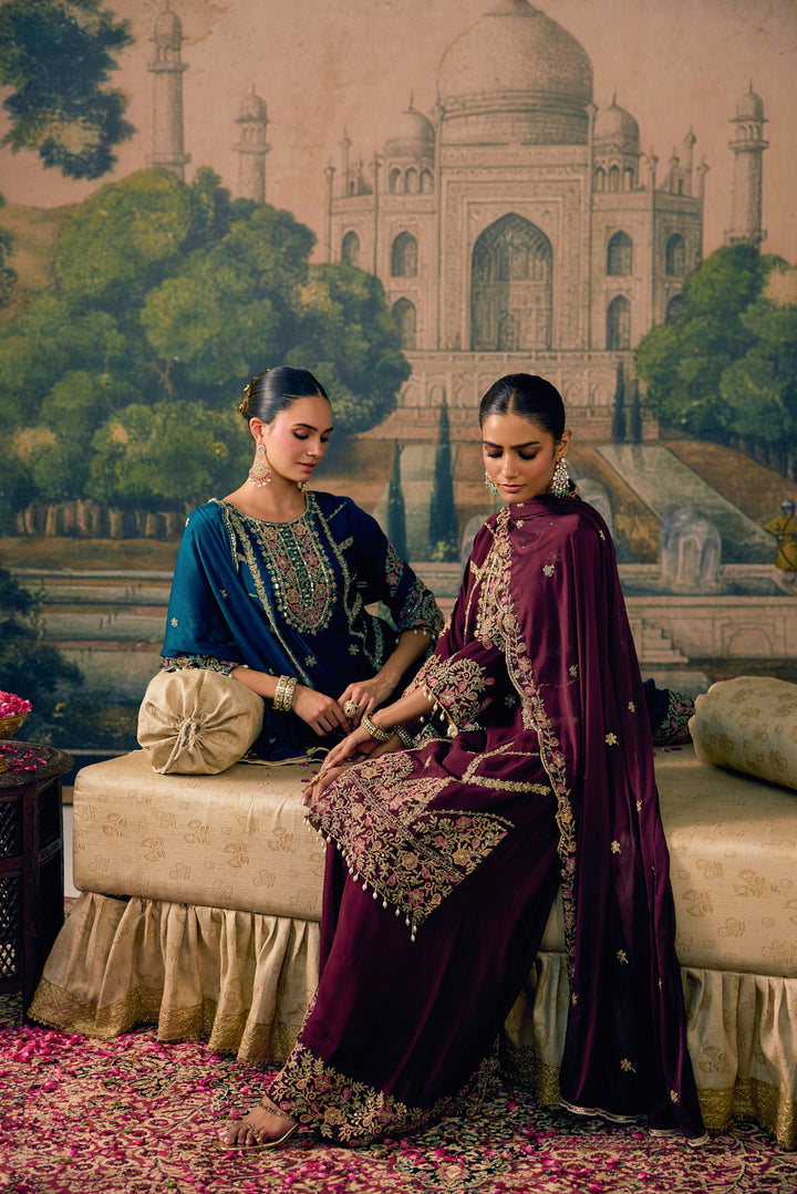 Wine Chinon Zari Embroidered Three Piece Set