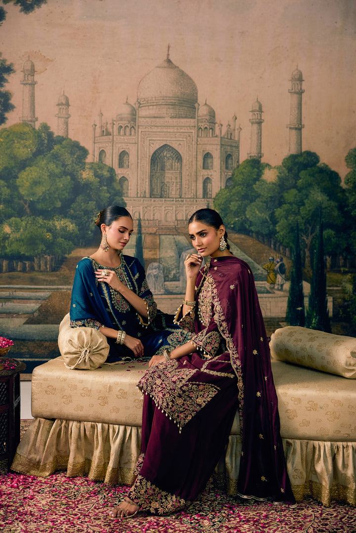 Wine Chinon Zari Embroidered Three Piece Set