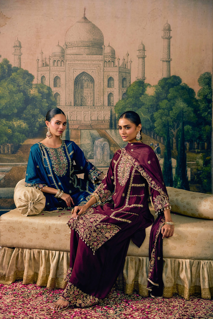 Wine Chinon Zari Embroidered Three Piece Set