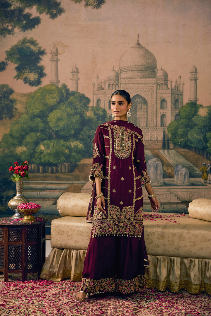 Wine Chinon Zari Embroidered Three Piece Set