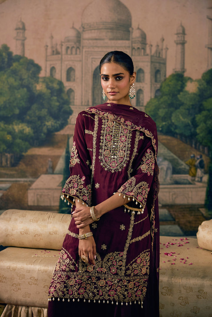 Wine Chinon Zari Embroidered Three Piece Set