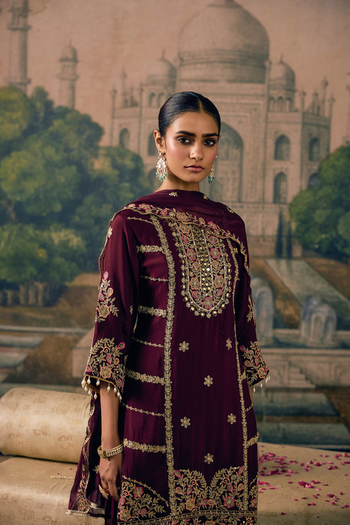 Wine Chinon Zari Embroidered Three Piece Set