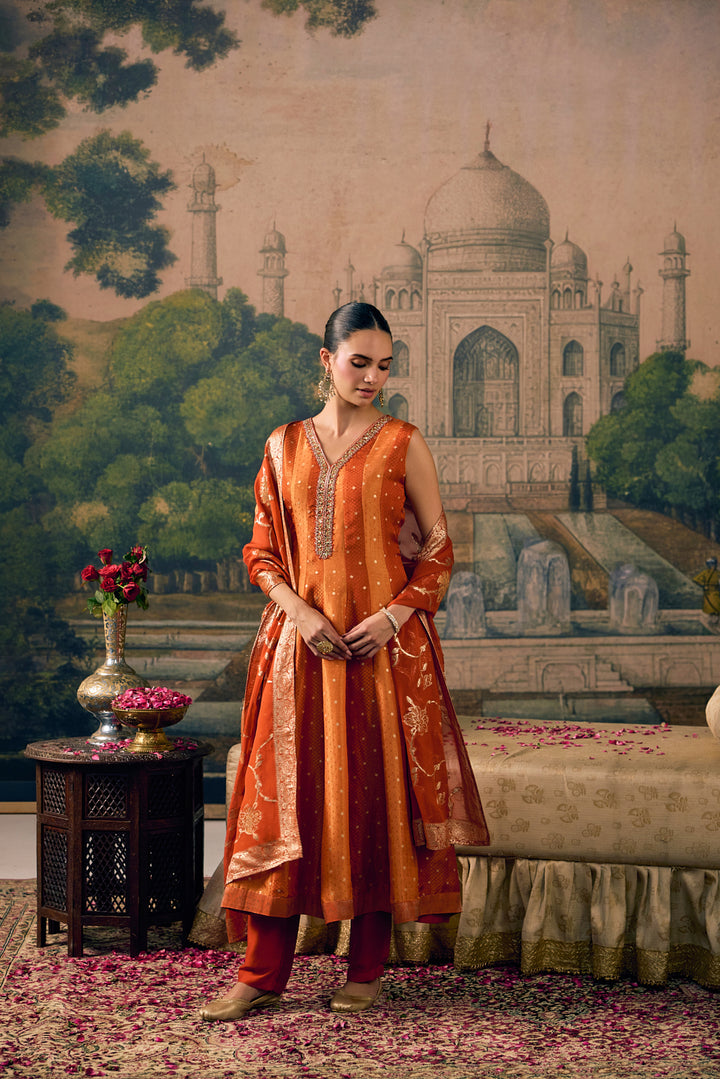 Rust Tissue Small Buti Weaved Three Piece Set