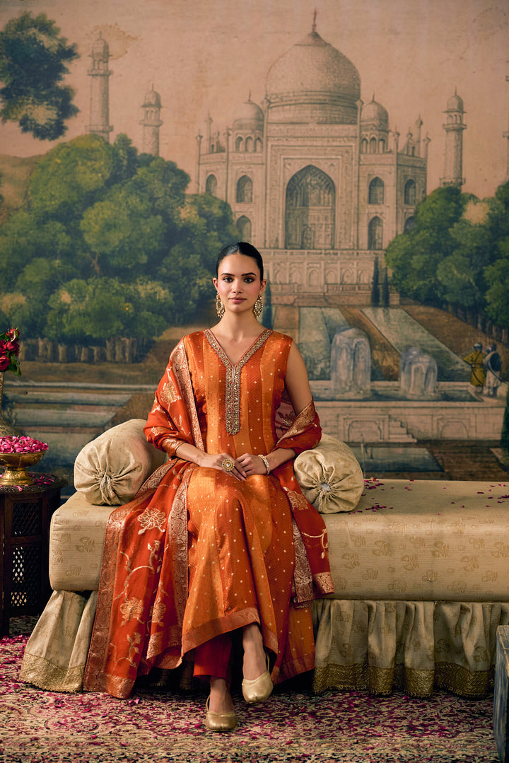 Rust Tissue Small Buti Weaved Three Piece Set