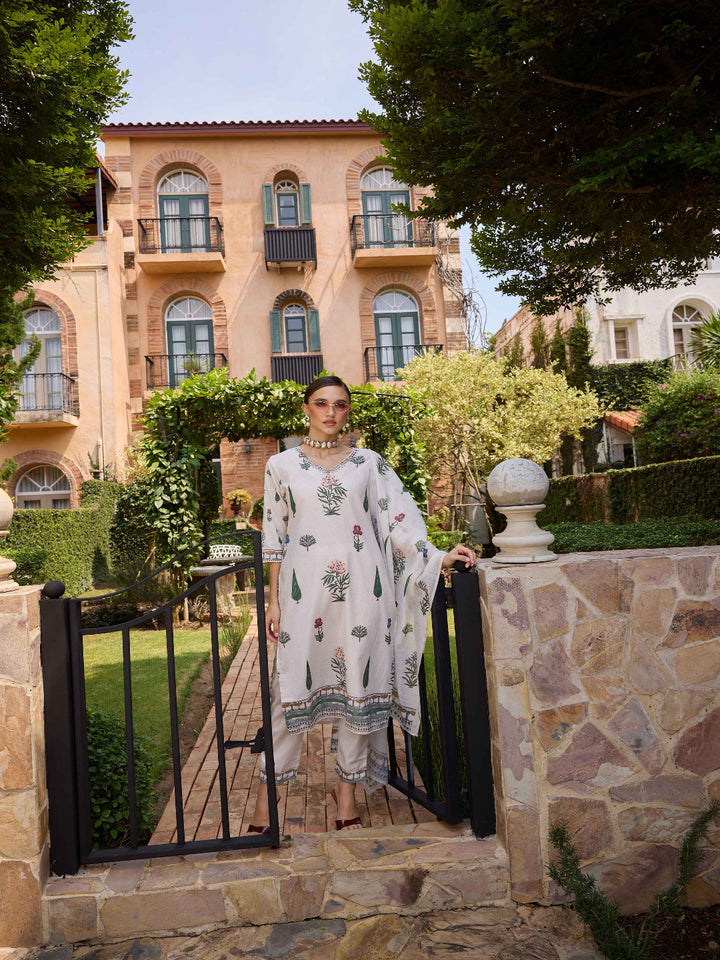 Neerus Cream Printed Straight Kurta and Trousers With Dupatta