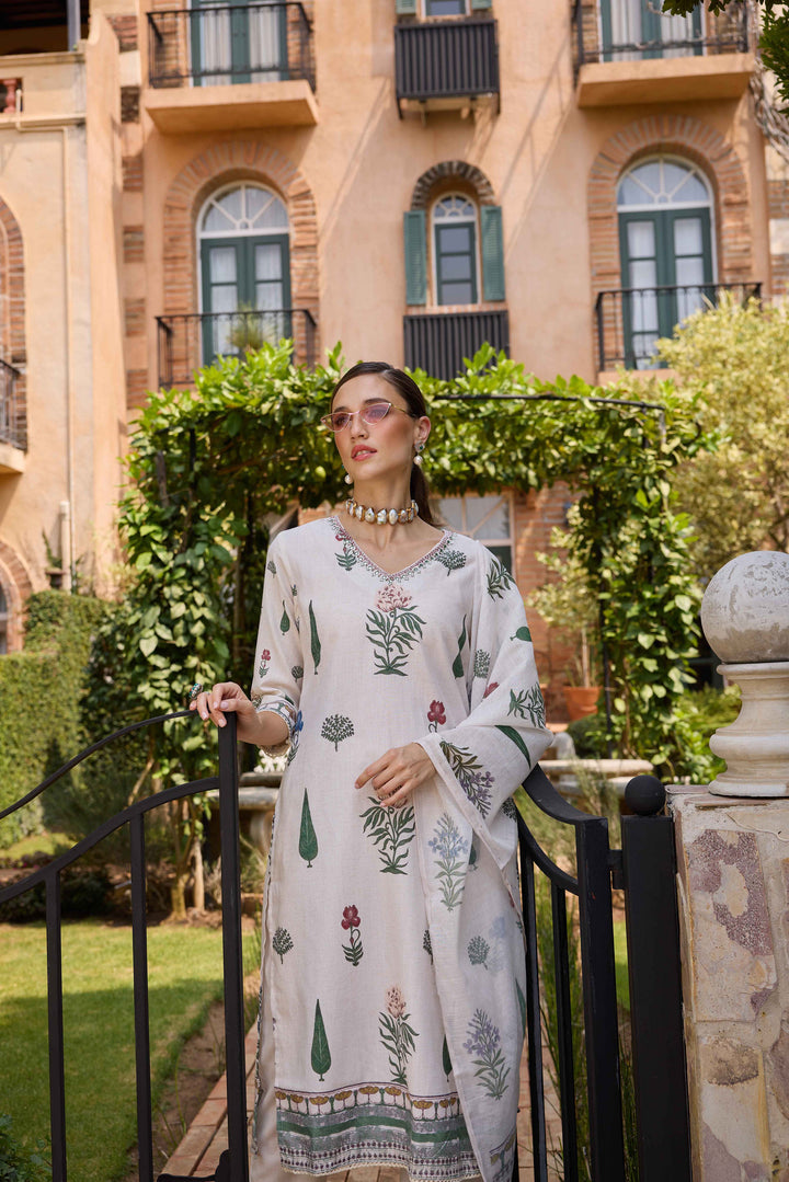 Neerus Cream Printed Straight Kurta and Trousers With Dupatta