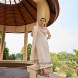 Neerus White Embroidered Anarkali Kurta and Trousers With Dupatta