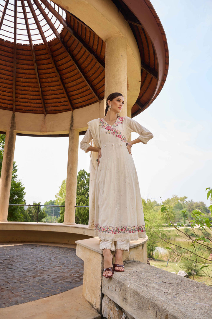 Neerus White Embroidered Anarkali Kurta and Trousers With Dupatta