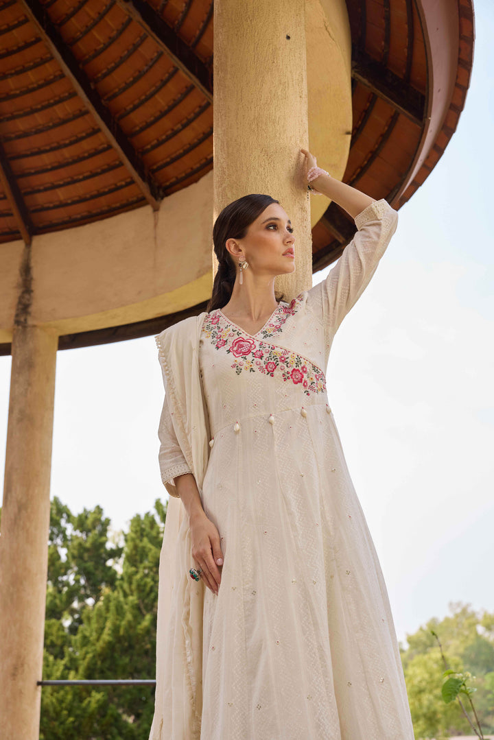 Neerus White Embroidered Anarkali Kurta and Trousers With Dupatta