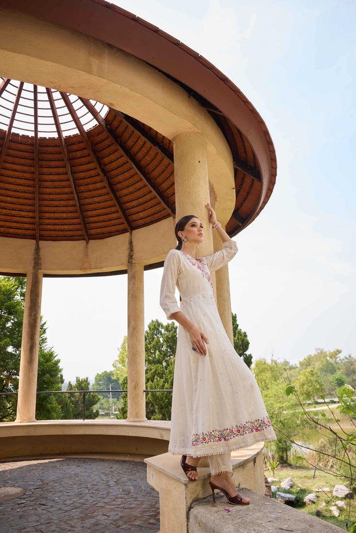 Neerus White Embroidered Anarkali Kurta and Trousers With Dupatta